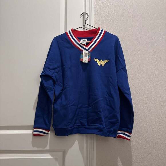 BoxLunch Wonder Woman Pullover Long Sleeve V Neck Warrior Sweater Blue Sz xs - Picture 1 of 2